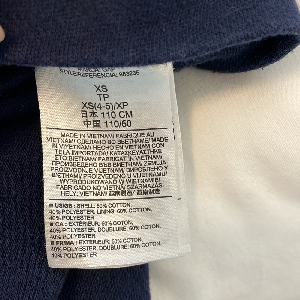 Gap sweatshirt cotton fleece navy moto jacket, size XS (4-5) - Picture 4 of 5